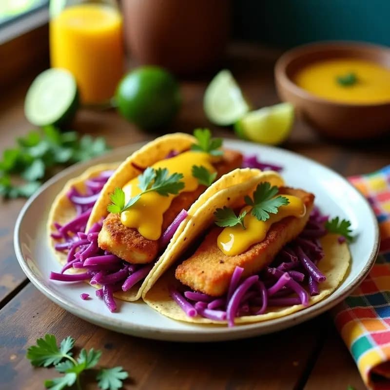 Plato colorido con tacos de pescao dorado sobre tortillas de maíz, acompañados de repolho roxo morado encurtido y salsa de maracuyá amarilla, típico de la receta brasileña de Carnival.