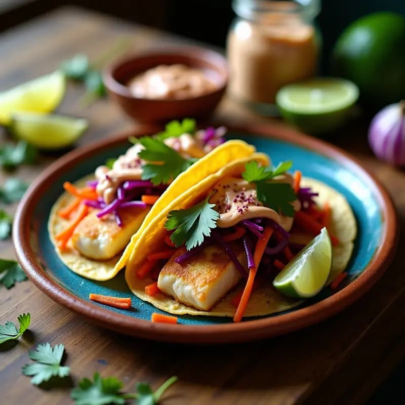 Plato de tacos de pesca al estilo Baja California con repollo morado y blanco, crema de chipotle y salsa de maracuyá, servidos en tortillas de maíz azules sobre una tabla de madera rústica.