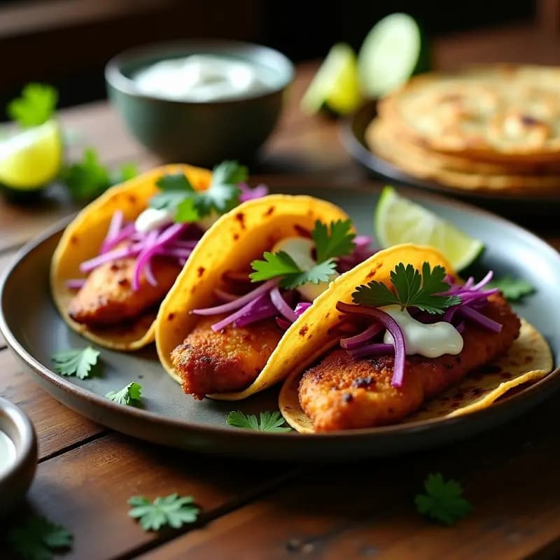 Plato de tacos de pescado blanco rebozado en cerveza negra, servidos en tortillas de maíz con repollo morado, cebolla morada y cilantro fresco, acompañados de salsa de yogur y gajos de limón.