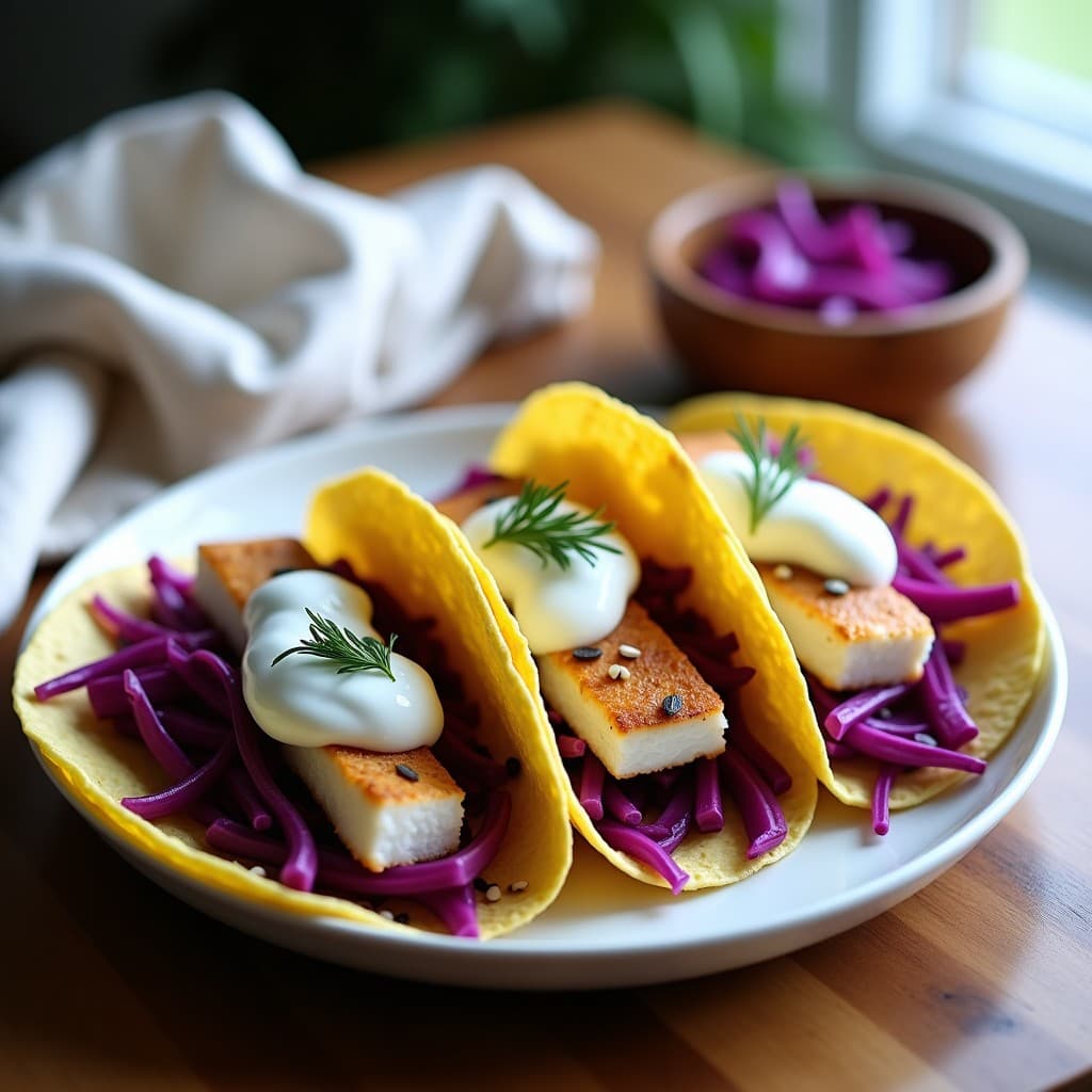 Tacos de pescado noruegos con filetes de bacalao dorados, col morada en juliana y salsa cremosa de yogur y eneldo, servidos en tortillas de maíz sobre un plato de madera rústico con decoración de cebollino fresco.