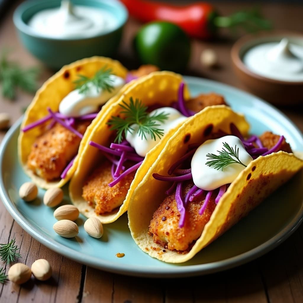 Tacos de pescado con costra dorada de pistacho sobre tortillas de maíz, acompañados de salsa cremosa de yogur y eneldo, lechuga morada, cebolla morada y pimiento rojo asado. Receta crujiente y gourmet de tacos de pescado con pistacho.
