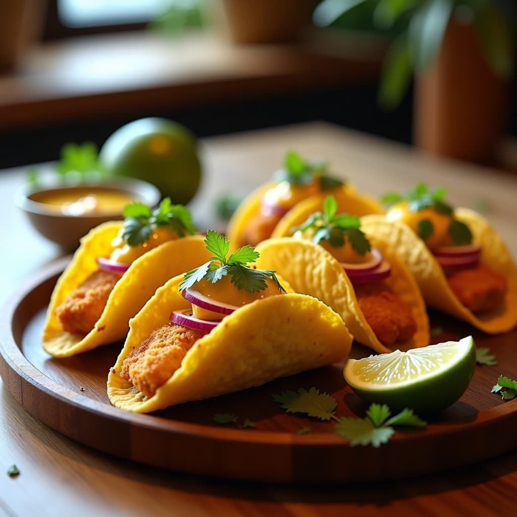 Tacos de pescado blanco crujiente en tortillas de maíz, bañados con salsa de maracuyá amarilla, acompañados de cebolla morada y cilantro fresco, receta en airfryer con toque peruano.