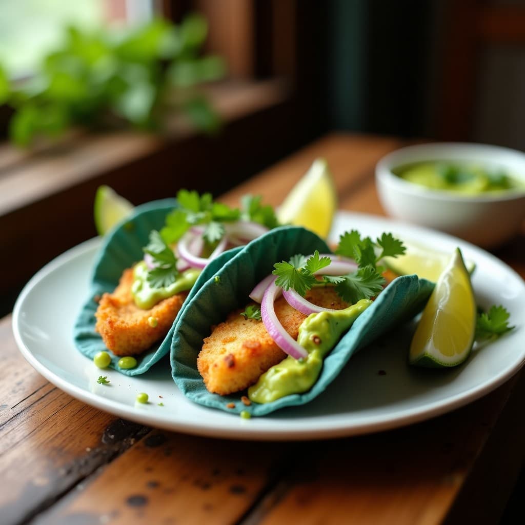 Plato colorido con tacos de pescado blanco empanizado en tortillas de maíz azules, cubiertos con salsa cremosa de lulo y aguacate de tono verde brillante, decorados con cebolla morada en juliana y cilantro fresco. Receta colombiana rápida y saludable.