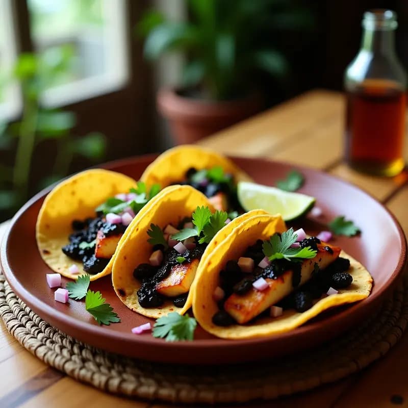 Tacos de pescado con adobo negro y zapote en plato de barro rústico, acompañados de cebolla morada, cilantro y gajos de limón verde sobre tortillas de maíz azules.
