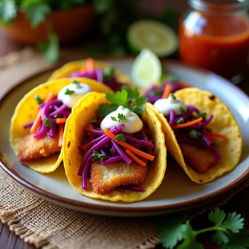 Plato con tacos de pescado a la Zaragoza: tortillas de maíz doradas rellenas de filetes de merluza empanizada y crujiente, acompañados de encurtiido morado y crema agria, sobre un mantel rústico de yute.