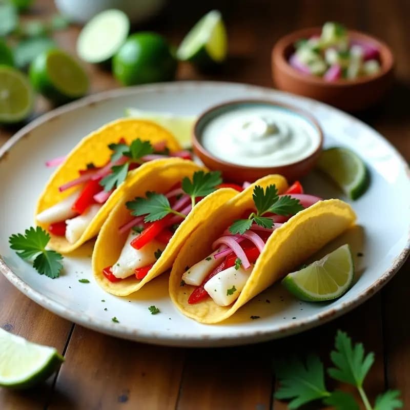 Plato con tacos de pescado a la zaragozana, rellenos de merluza desmenuzada, encurtido de lima, cebolla morada y cilantro fresco sobre tortillas de maíz doradas.