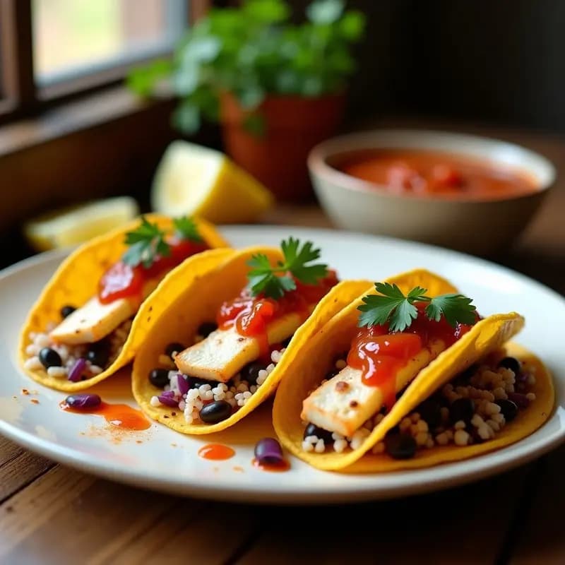 Plato de tacos de pescado a la zarza con moros y cristianos, receta express andaluza con filetes de merluza dorados, salsa zarza y arroz con habichuelas.