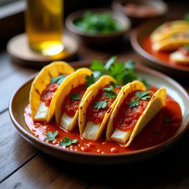 Plato de tacos de pescado a la zarza con morrella, servidos en tortillas de trigo con salsa espesa de pimentón y morrella, decorados con perejil fresco.