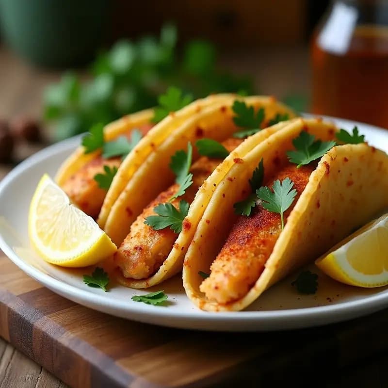 Plato blanco con tacos de pescado a la zarza moruna dorados y crujientes, espolvoreados con perejil fresco y acompañados de gajos de limón, sobre fondo rústico de madera.