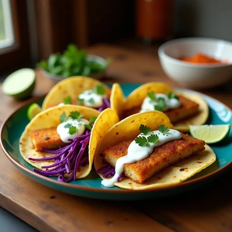 Plato de tacos de pescado y calabacín al horno, con tortillas de maíz rellenas de merluza dorada, láminas de calabacín crujiente, repollo morado y salsa de yogur con cilantro, receta saludable y rápida.