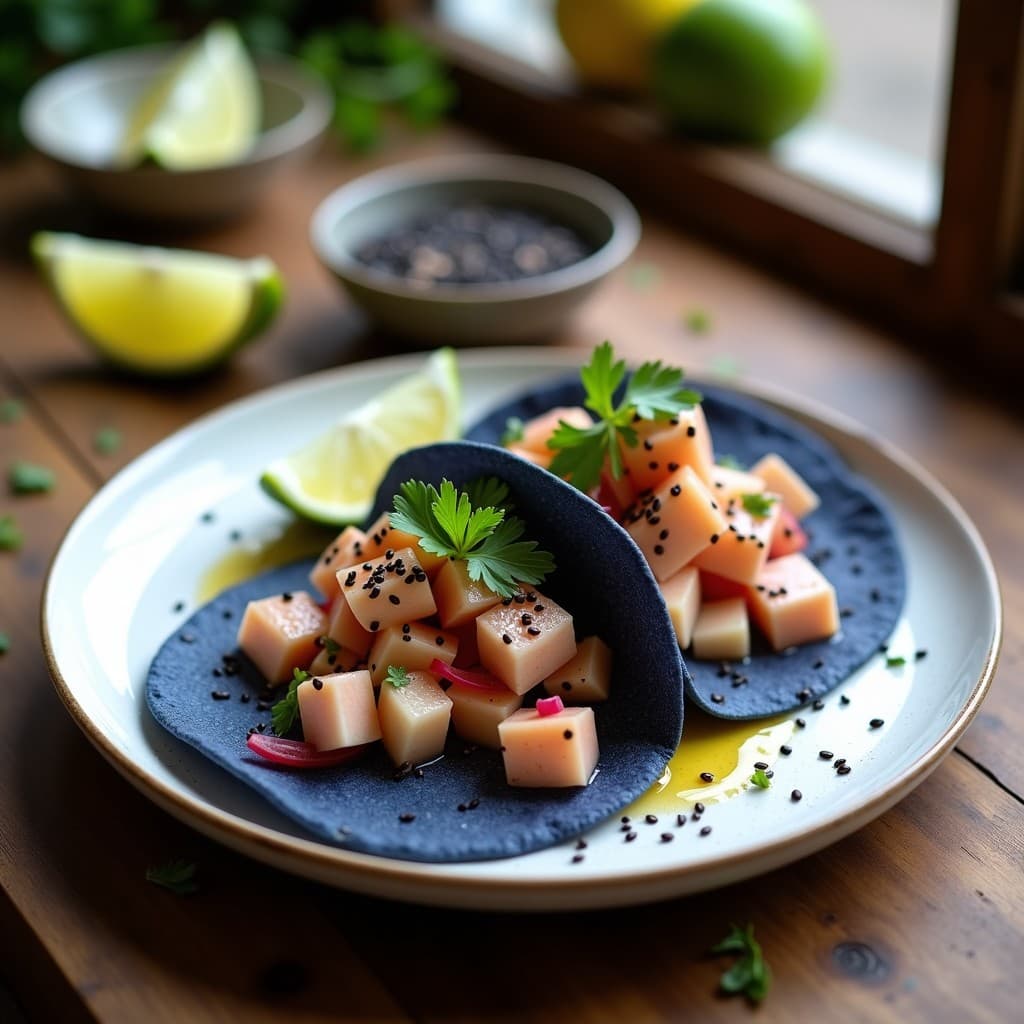 Plato de tacos abiertos de maíz azul con ceviche de pulpo marinado en leche de tigre, cubos de pitahaya blanca, cebolla roja y semillas de sésamo negro, receta mongol-peruana con toques cítricos.