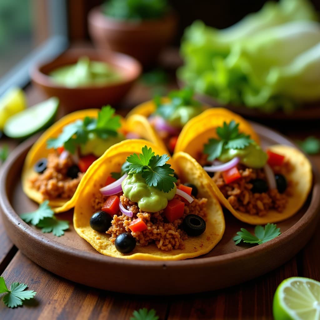 Plato de tacos dorados de plátano macho verde rellenos de picadillo de jackfruit desmenuzado y aceitunas, decorados con culantro fresco. Receta vegana puertorriqueña crujiente y sabrosa.