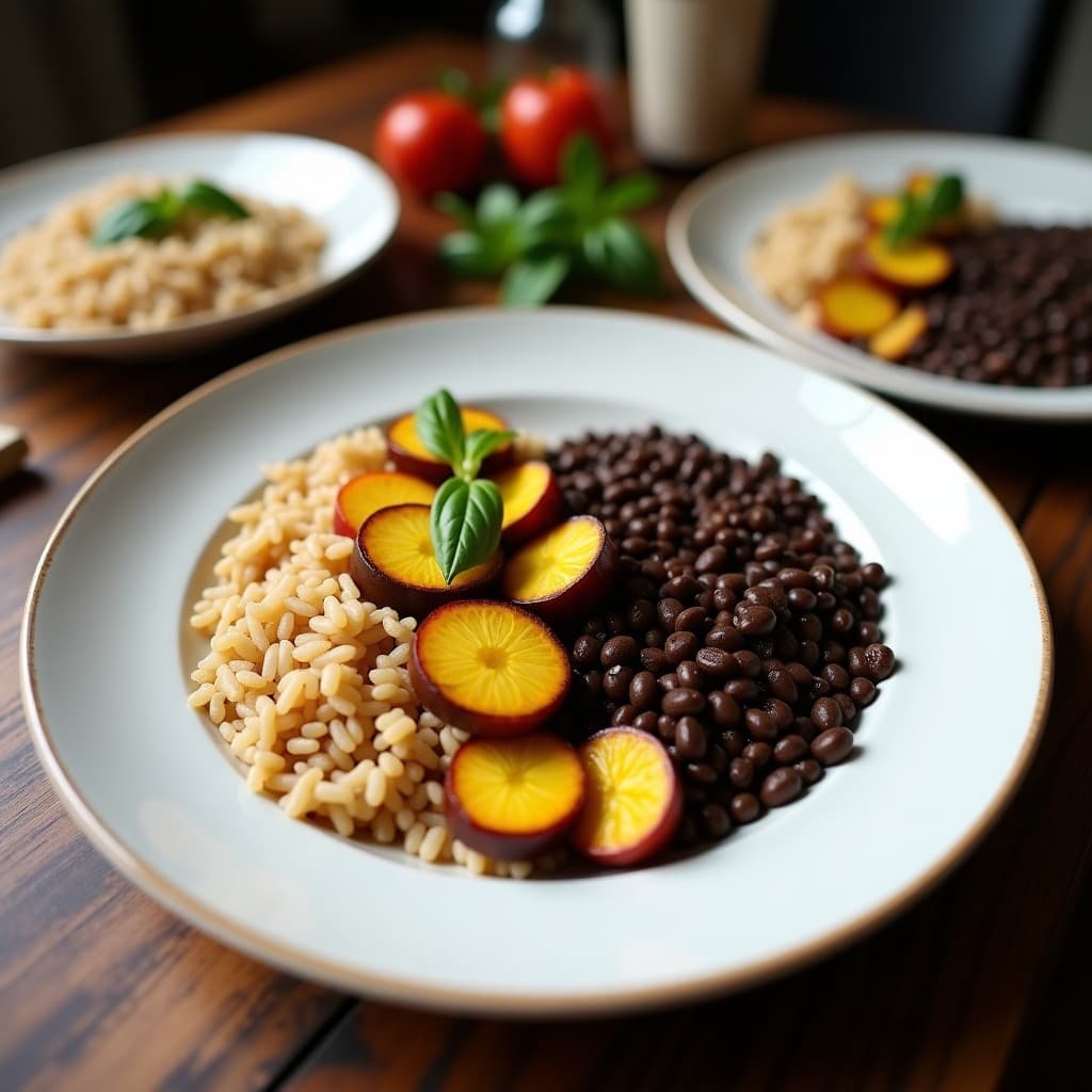 Tacos veganos colombianos con tortillas de maíz doradas, rellenos de morcilla vegetal oscura y especiada, rodajas de plátano macho asado caramelizado, aguacate en cubos y hojas de lechuga morada, decorados con semillas de sésamo y cilantro fresco sobre un plato de barro rústico.