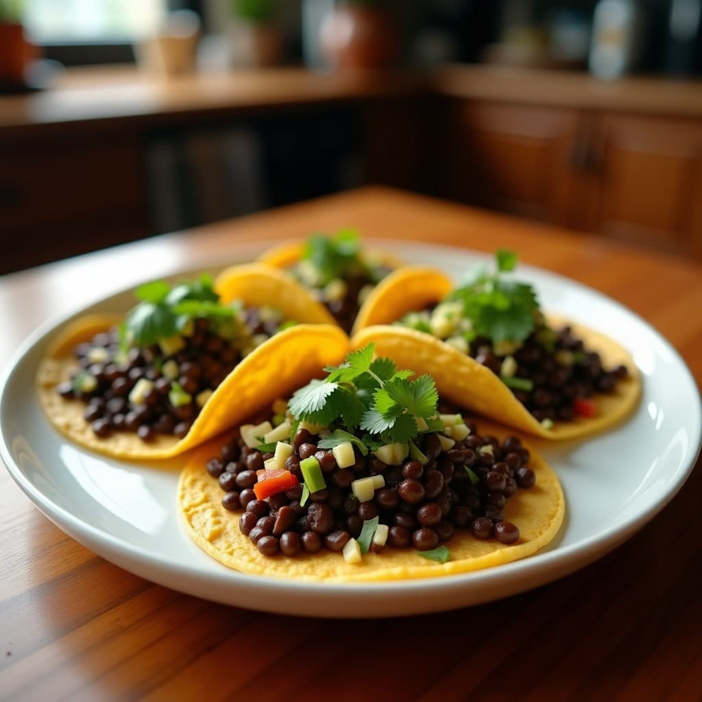 Plato rústico con tacos de plátano verde frito dorado y crujiente, rellenos de frijoles negros especiados, aguacate en cubos, cilantro fresco y hojas de lechuga. Receta vegana colombiana tradicional.