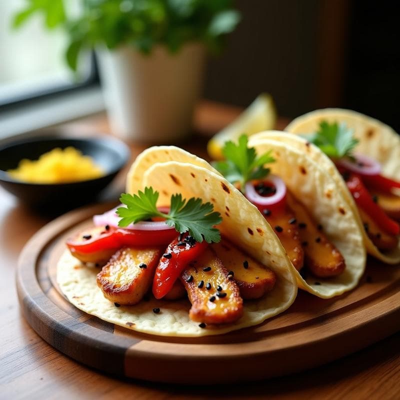 Tacos de pollo al miso y miel en airfryer, con tortillas de trigo rellenas de lechuga, cebolla morada, pimiento rojo y pollo glaseado brillante, espolvoreados con semillas de sésamo.