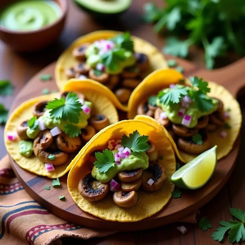 Tacos veganos peruanos con champiñones portobello salteados, crema de ají verde, cebolla morada y cilantro fresco, servidos en tortillas de maíz sobre una tabla de madera rústica.