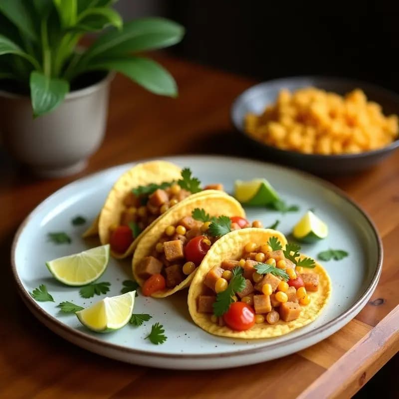 Plato con tacos de maíz rellenos de yautía morada sofrita y mofongo de plátano verde, decorados con cilantro fresco y rodajas de limón.