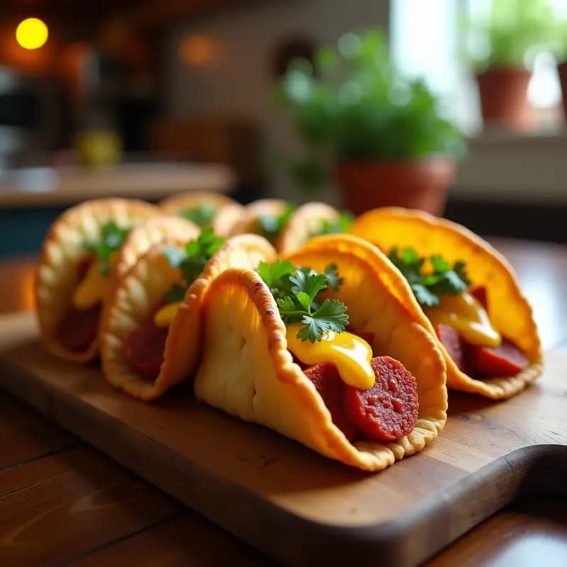 Tacos puff dorados y crujientes de hojaldre rellenos de chorizo y queso fundido, servidos en una bandeja de madera con cilantro fresco.