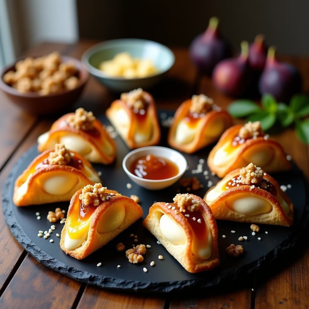 Bandeja de tacos puff dorados y crujientes rellenos de queso brie derretido y mermelada de higo, decorados con sésamo, miel y nueces picadas, sobre fondo rústico de madera.