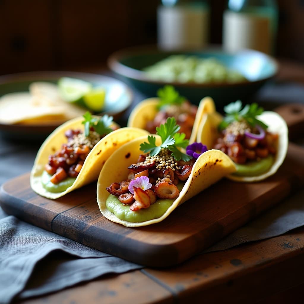 Plato con tacos de maíz azul rellenos de pulpo ahumado en trozos, puré de haba cremoso, cebolla morada encurtida, cilantro fresco y queso desmenuzado, receta fusión galaica-peruana.