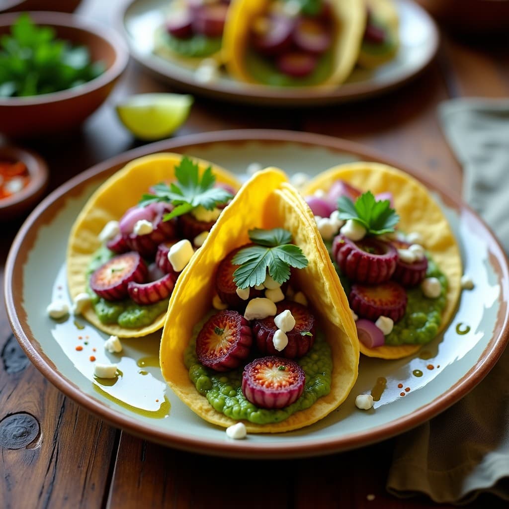 Plato de tacos abiertos de maíz con trozos de pulpo ahumado dorado, puré cremoso de habas verde, cebolla morada, cilantro fresco y queso desmenuzado, receta gallego-mexicana en 25 minutos.