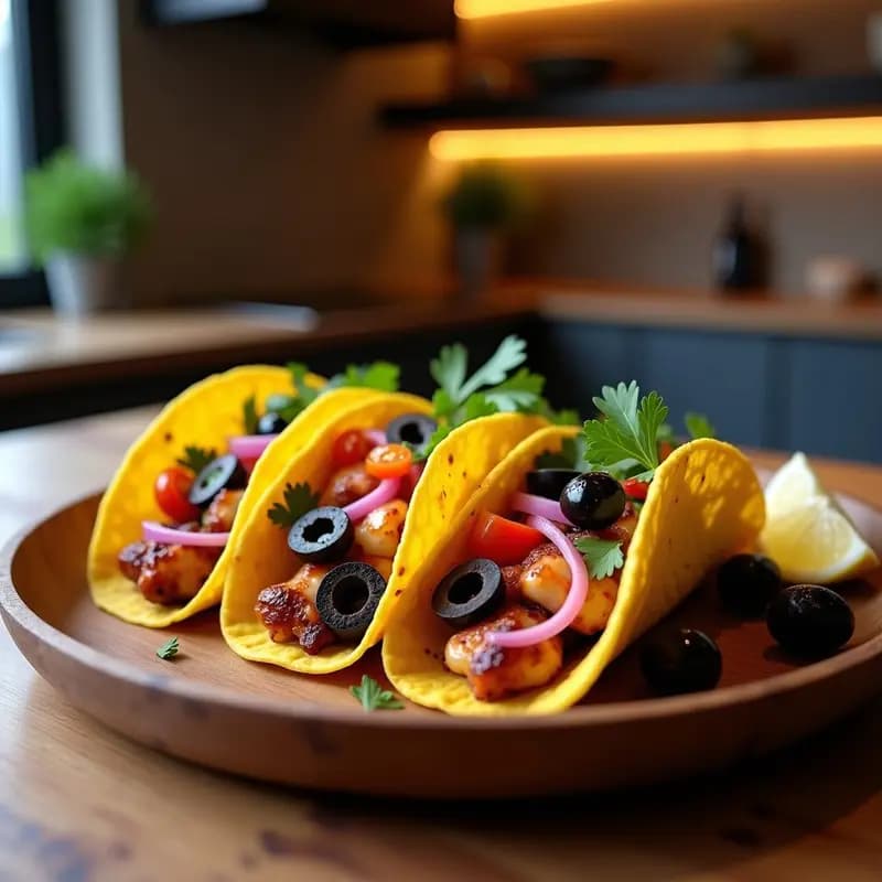 Tacos de maíz dorados rellenos de pulpo jugoso marinado en ají amarillo, acompañados de cebolla morada, tomate fresco, aceitunas kalamata y cilantro, servidos en un plato rústico de madera con fondo de cocina moderna.