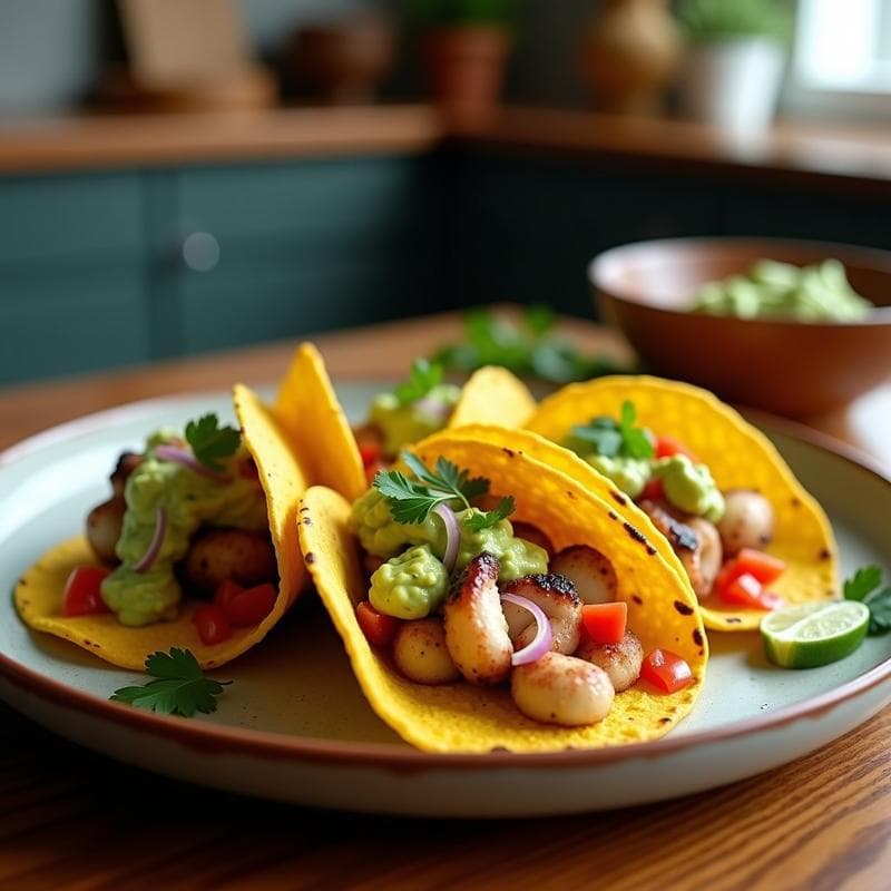 Tacos de maíz dorados rellenos de pulpo al ají amarillo dorado en airfryer, puré cremoso de aguacate verde, cebolla morada y tomate rojo fresco, servidos en plato rústico de cerámica con cilantro fresco y rodajas de limón, receta peruana casera.