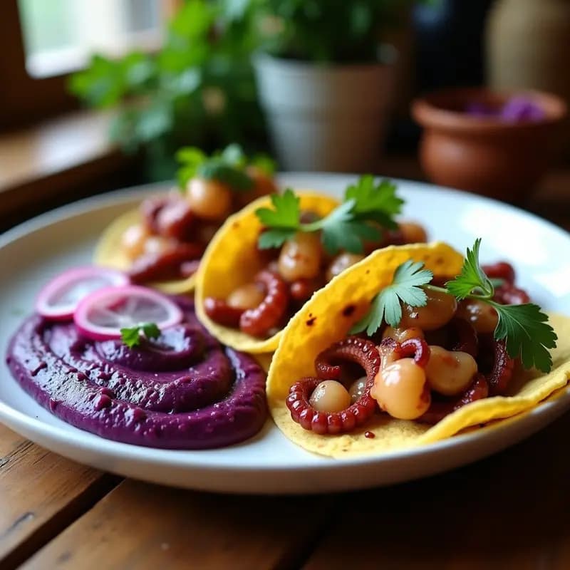 Plato de tacos de pulpo al ají panca sobre tortillas de maíz, acompañados de puré de camote morado cremoso y decorados con cilantro fresco. Receta peruana en Thermomix.