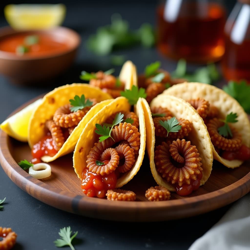 Plato de tacos de pulpo a la galleta con salsa brava en airfryer, tortillas doradas crujientes, pulpo tierno especiado, lechuga fresca, cebolla morada y salsa brava espesa. Receta española gourmet.