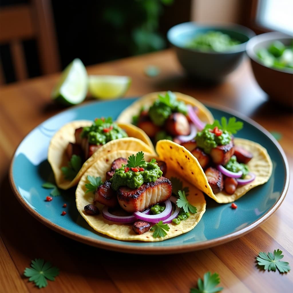 Tacos de pulpo a la parrilla con chimichurri argentino, servidos en tortillas de maíz azules con cebolla morada y aguacate, salsa verde fresca y marcas de parrilla visibles en el pulpo.