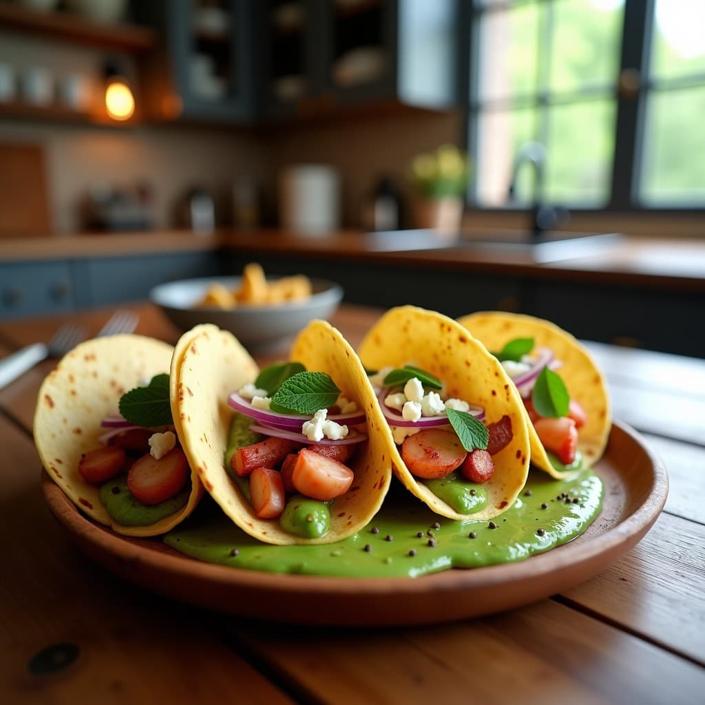 Tacos de maíz crujientes rellenos de trozos de pulpo dorado, puré de guisantes verde brillante con menta, cebolla morada en juliana y queso feta desmenuzado, servidos en un plato de madera con fondo borroso de cocina moderna.