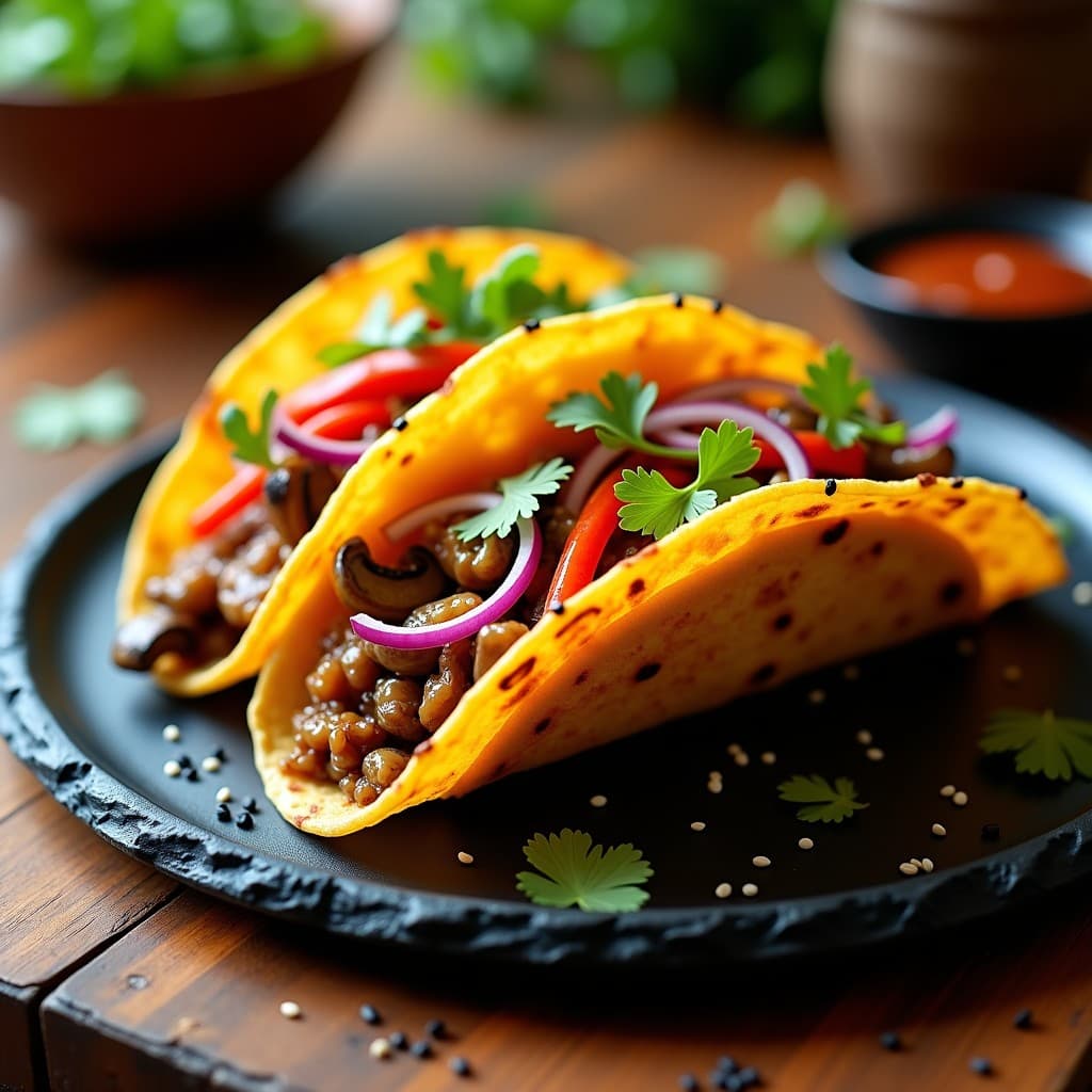 Plato de tacos veganos chinos con raíz de loto dorada y crujiente, carne de hongos salteada, salsa hoisin brillante, pimiento rojo, cebolla morada y cilantro fresco sobre tortillas de maíz azul, decorados con semillas de sésamo negro.