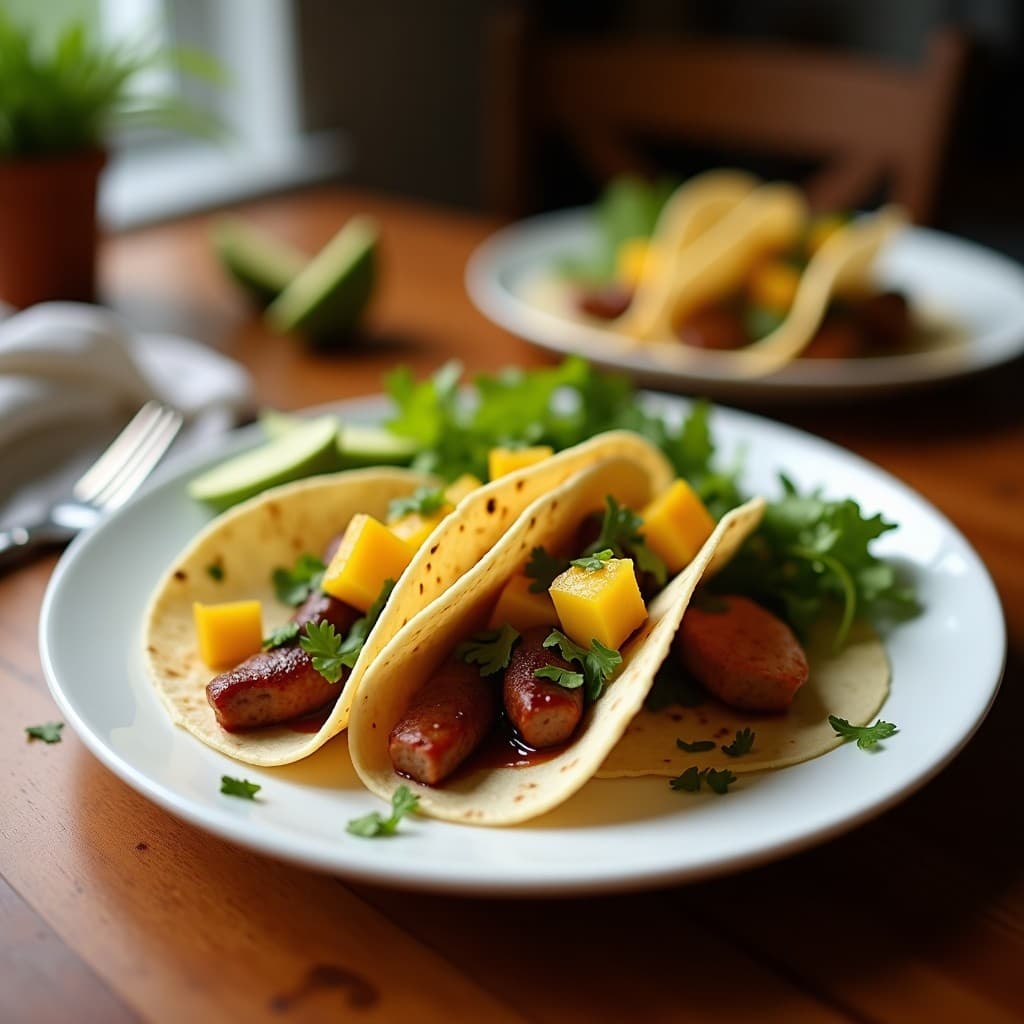Tacos veganos de sobrasada vegetal dorada en airfryer, con piña asada caramelizada y salsa de cebolla morada, servidos en tortillas de maíz sobre tabla de madera rústica.