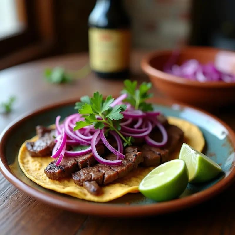 Tacos de suadero de ternera dorado sobre tortillas de maíz azules, acompañados de cebolla morada encurtida, cilantro fresco y gajos de limón verde. Plato tradicional mexicano servido en comal de hierro con fondo rústico.