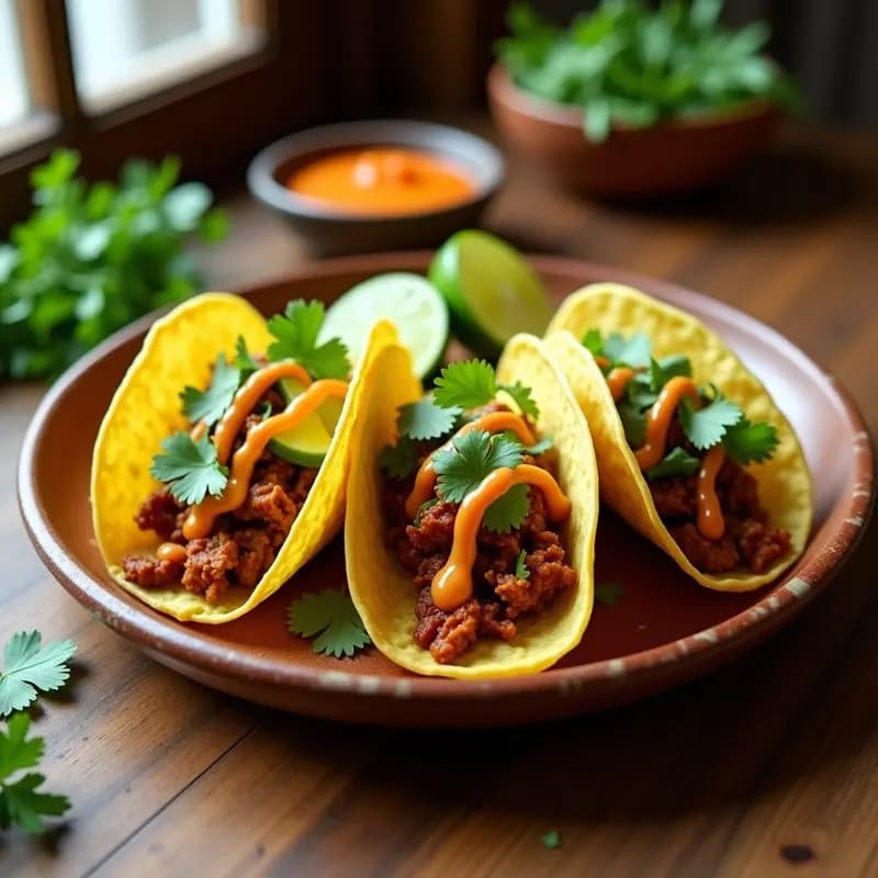 Tacos veganos de jackfruit desmenuzado con salsa yum yum, lechuga, aguacate y cilantro, servidos en tortillas de maíz doradas sobre un plato de barro rústico.
