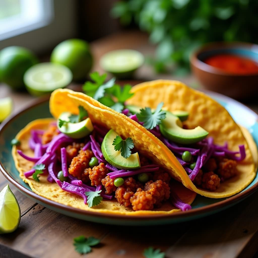 Tacos veganos dorados de lentejas y remolacha servidos en tortillas de maíz, acompañados de lechuga morada, aguacate y cilantro fresco, receta de airfryer.