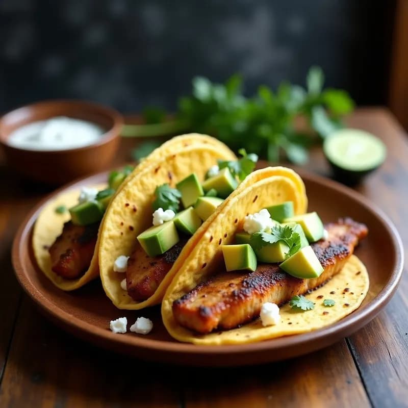 Tacos de verniegas ahumadas en plato de madera con tortillas de maíz, aguacate, queso blanco y cilantro fresco, receta thermomix.