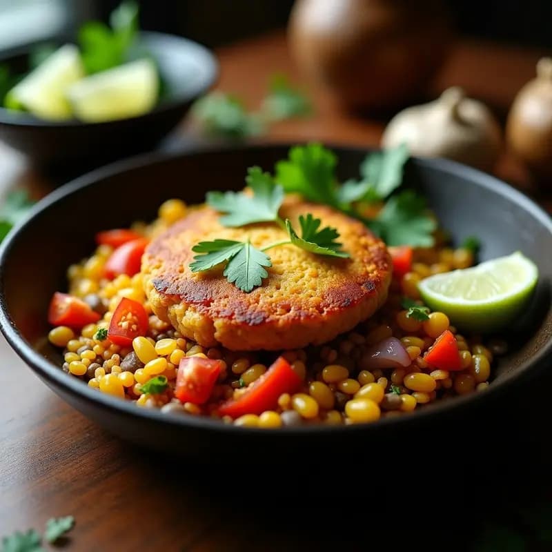 Plato de tacu tacu peruano vegano con lentejas y ají amarillo, dorado y crujiente por fuera, servido con rodajas de aguacate y decorado con hojas de huacatay fresco.