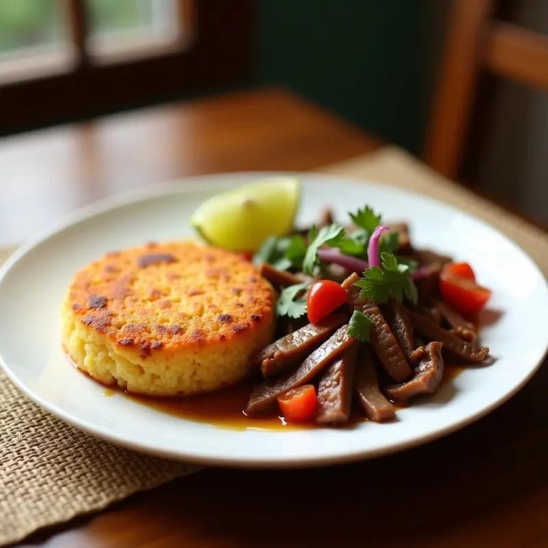 Plato con Tacu Tacu Peruano dorado y crujiente, acompañado de Lomo Saltado con tiras de carne, cebolla roja, tomate y cilantro fresco. Receta de desayuno energético con arroz y frijoles en sartén.