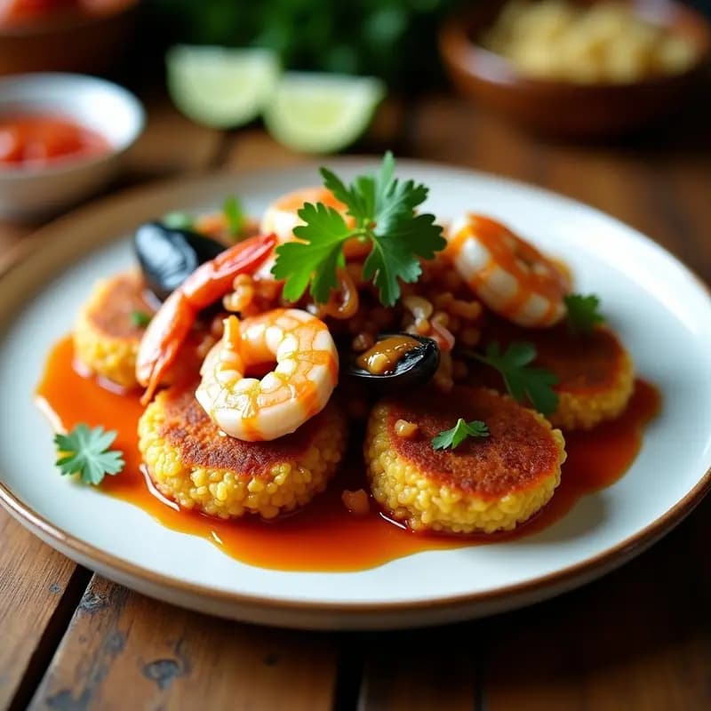 Plato profundo de barro con Tacu Tacu Peruano dorado, cubierto de camarones, calamares y mejillones salteados, acompañado de salsa criolla vibrante con cebolla roja, tomate y culantro. Decorado con gajos de limón verde y perejil fresco.