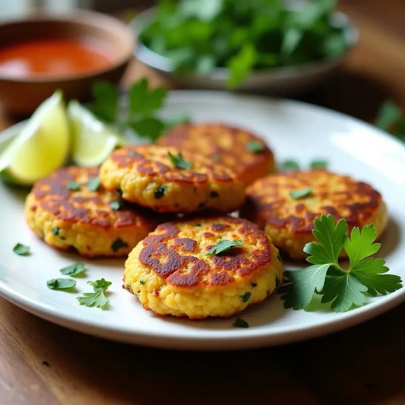 Tacu tacu vegano en airfryer, tortitas doradas y crujientes de arroz y lentejas, servidas en plato blanco con hierbas frescas y rodajas de limón.