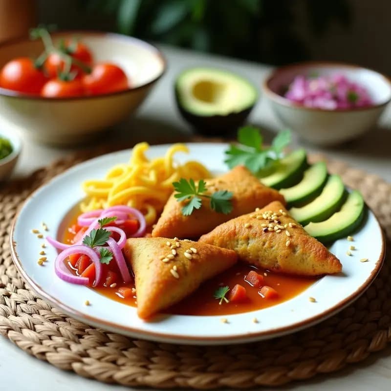 Plato de Tacu Tacu Peruano dorado y crujiente, acompañado de salsa criolla fresca con cebolla morada, tomate y cilantro, y rodajas de aguacate. Decorado con semillas de sésamo y un chorrito de aceite de oliva.