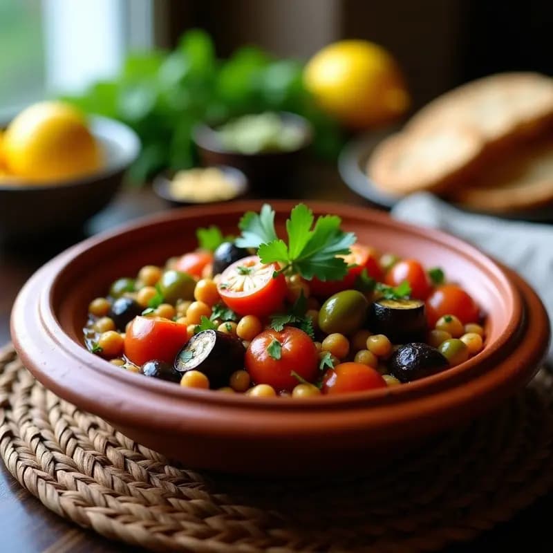 Tagine de berenjena y aceitunas verdes marroquí en cazuela de barro rústica, con berenjenas melosas, garbanzos, aceitunas verdes y almendras fileteadas, decorado con cilantro fresco y servido sobre una mesa de madera oscura.