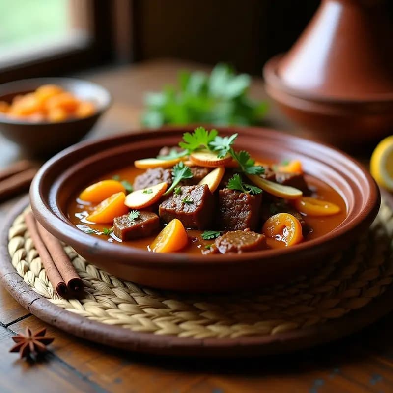 Tagine de cordero con albaricoques secos y almendras servido en una tagine de barro tradicional, con trozos de cordero tiernos, albaricoques dorados y almendras tostadas espolvoreadas, acompañado de cilantro fresco y aceitunas verdes, sobre un fondo rústico de madera.