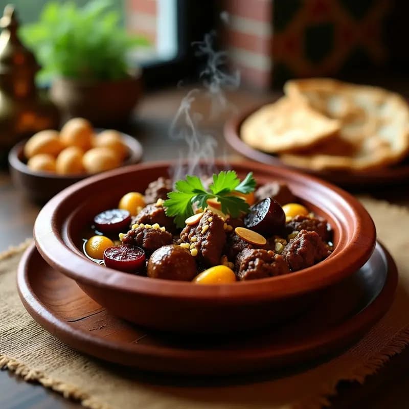 Tagine de cordero con ciruelas y almendras en olla rápida, servido en plato de barro con cuscús, almendras tostadas laminadas y cilantro fresco. Receta marroquí express.