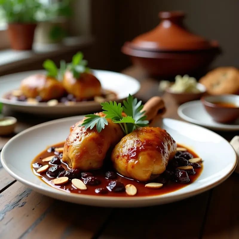 Tagine de pollo y ciruelas marroquí servido en un plato hondo de cerámica blanca, con muslos de pollo dorados bañados en una salsa espesa de ciruelas pasas oscuras, especias visibles y almendras fileteadas tostadas por encima. Acompañado de cilantro fresco picado y una rama de canela como decoración. Fondos borrosos de una cocina rústica.