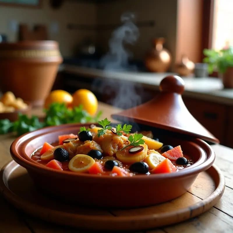Cazuela de barro humeante con tagine de pollo con cítricos y aceitunas, gajos de pomelo rosa, aceitunas negras y especias, decorado con almendras tostadas y perejil fresco sobre fondo rústico.