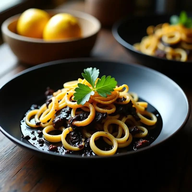 Plato hondo de porcelana negra con tagliatelle frescos bañados en una salsa negra brillante de tinta de calamar, trozos de calamar dorado, limón confitado en láminas y perejil verde. Decorado con tentáculos de calamar crujientes y virutas de limón amarillo sobre fondo rústico de madera oscura.