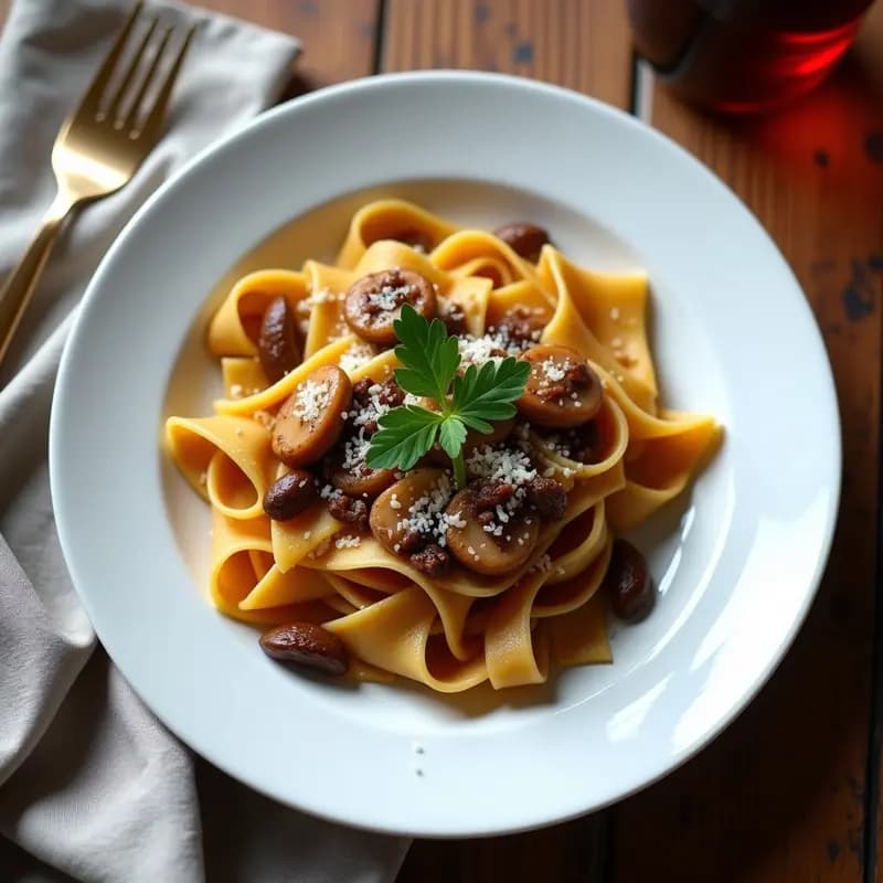 Plato hondo de cerámica blanca con tagliatelle de lentejas de color terroso, cubiertos con una salsa cremosa de champiñones portobello y trufa negra, decorados con perejil fresco y un hilo de aceite de trufa. Fondo borroso con mantel rústico y copa de vino tinto.