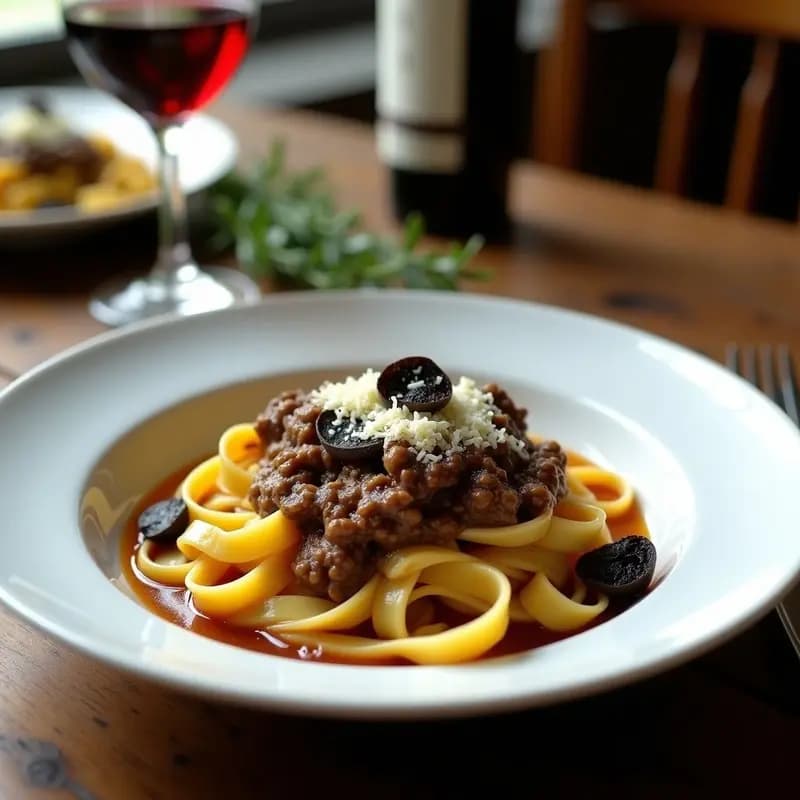 Plato hondo de porcelana blanca con Tagliatelle al Ragú de Hongos Porcini y Trufa, cubiertos de láminas de trufa negra y Parmigiano Reggiano rallado, sobre fondo rústico de madera con una copa de vino tinto y romero fresco.